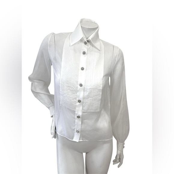 CHANEL Tops - CHANEL White Silk Pleated Tuxedo Blouse CC Buttons 34